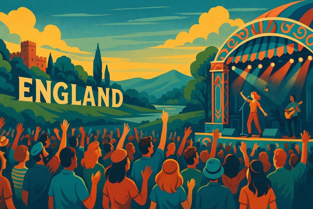Retro-style illustration of a music festival in England with a vibrant crowd, colorful stage, and scenic countryside landscape at sunset. The word “England” is featured in the design