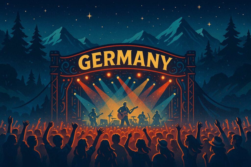 Outdoor music festival in Germany at night - vintage retro-style illustration with a scenic landscape, crowd, stage and atmospheric lighting