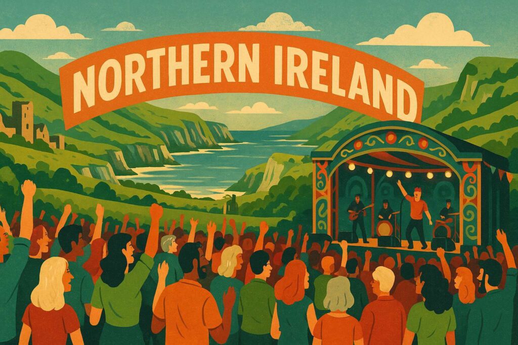 Northern Ireland festival scene in nostalgic vintage travel poster design with mountains and festive crowd