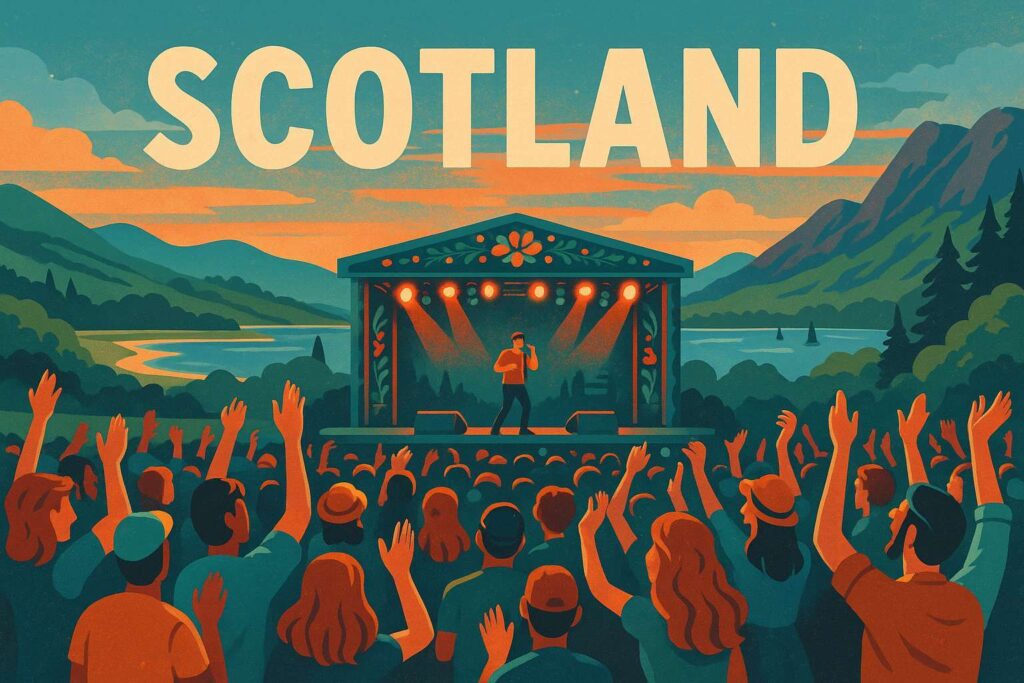 Vintage-style illustration of a music festival in Scotland with a scenic natural landscape and enthusiastic crowd at night