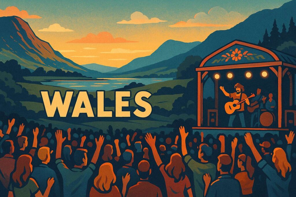 Retro-style illustration of a music festival in Wales with scenic mountains and forests, a lively crowd, and a decorated stage