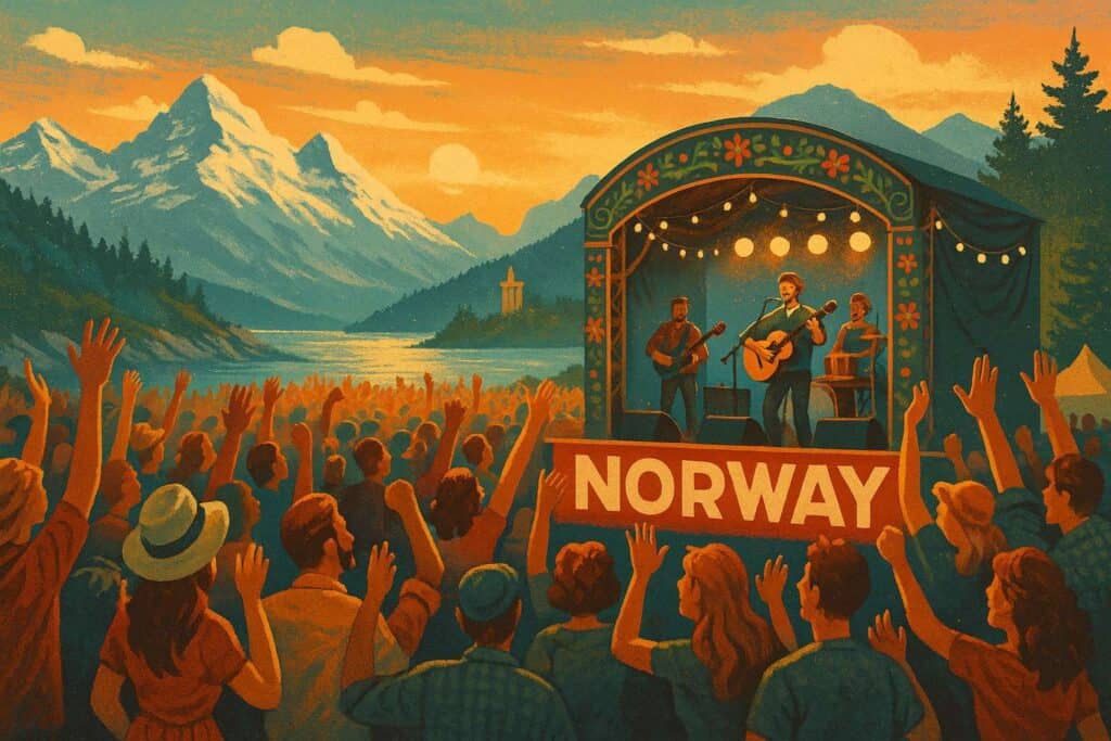 Vintage-style digital illustration of a music festival in Norway, set in a scenic mountain and forest landscape. Enthusiastic crowd enjoying a live concert on a decorated outdoor stage, with "Norway" featured in a retro banner. Bright, warm and cold tones with nostalgic textures evoke a lively, atmospheric vibe