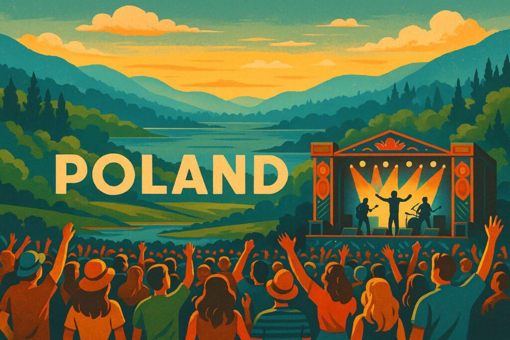 Retro-style illustration of a music festival in Poland, with a lively crowd, scenic mountains and forests in the background, and "Poland" written in a vintage banner