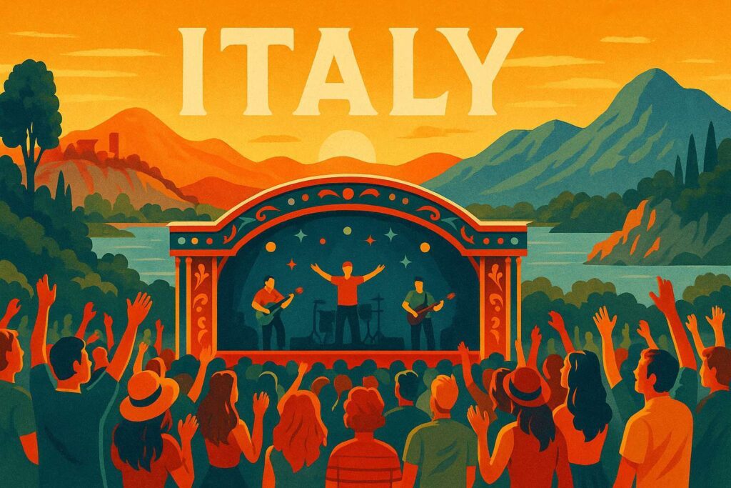 Vintage-style illustration of a music festival in Italy with scenic landscape, enthusiastic crowd, and retro stage design