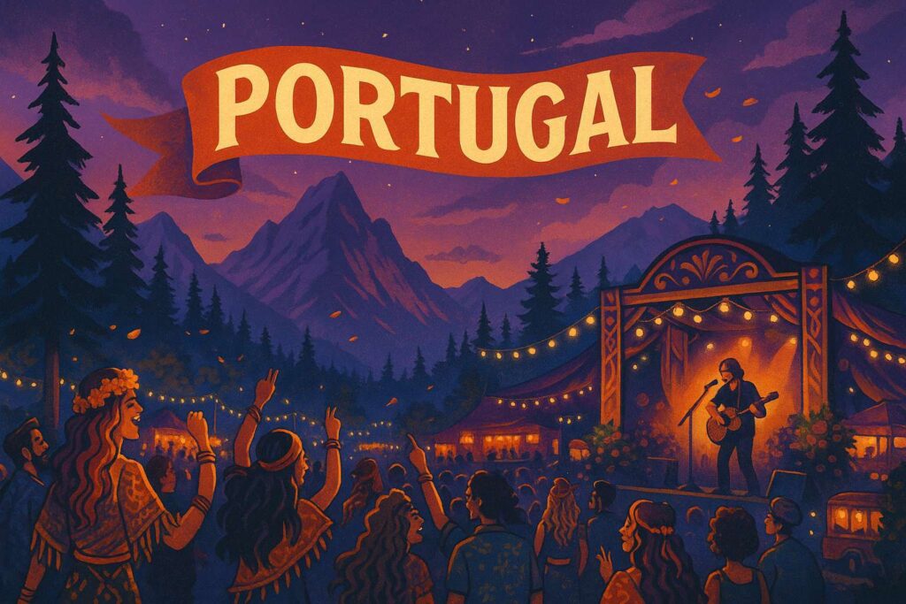 Retro-style music festival illustration in Portugal with scenic mountains and a joyful crowd under sunset lighting