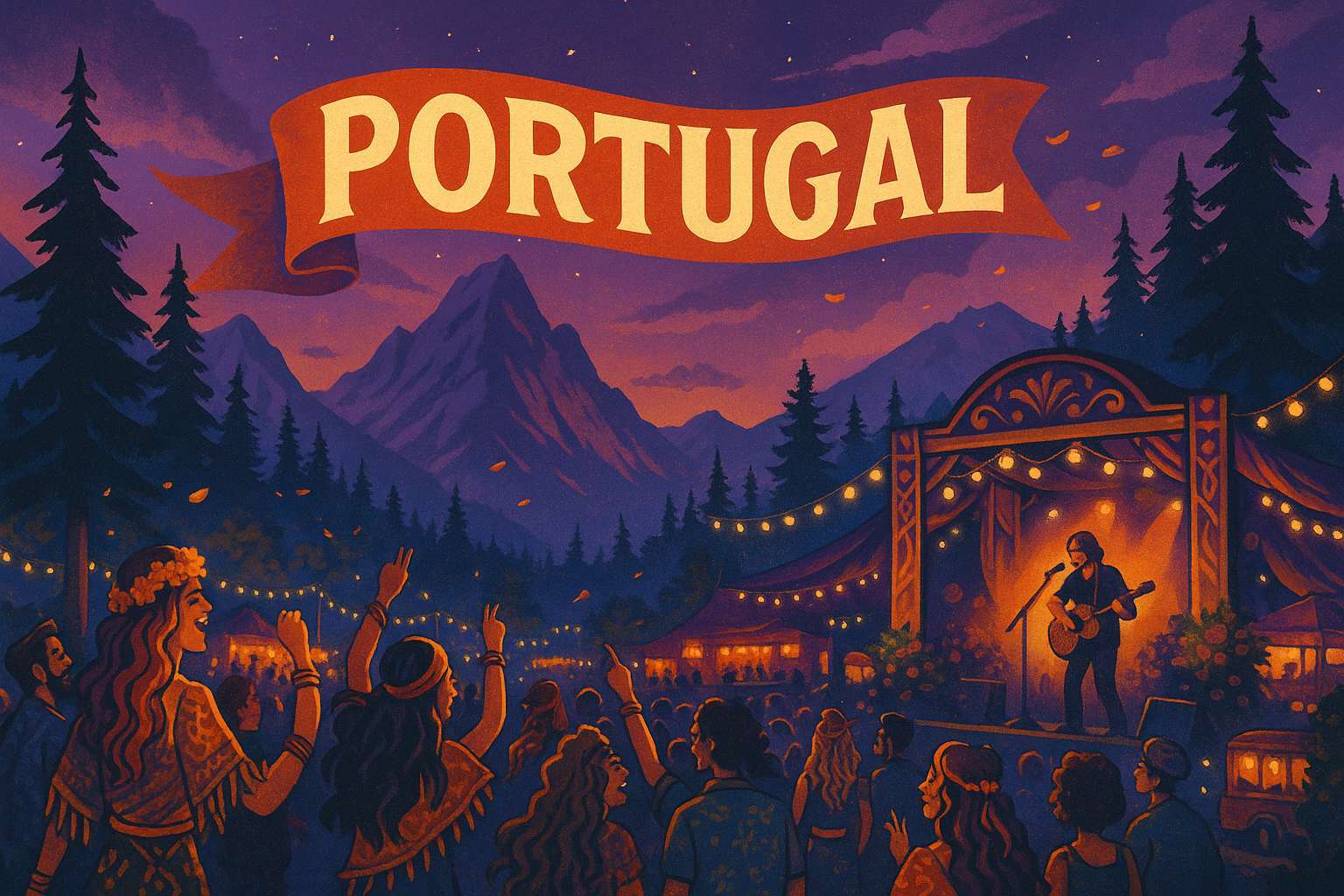 Retro-style music festival illustration in Portugal with scenic mountains and a joyful crowd under sunset lighting
